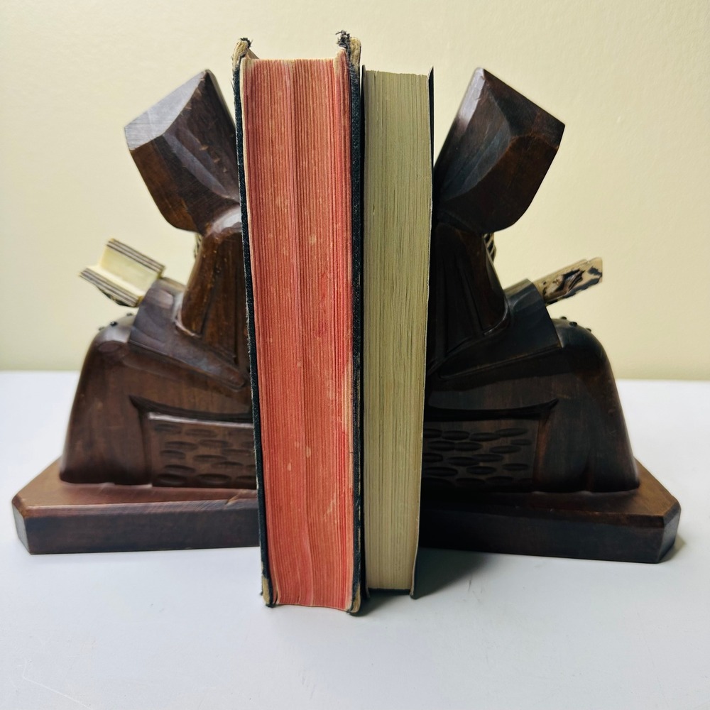 Vintage Hand Carved Wood Monk Bookends Religious Friar Reading Folk Art Set of 2